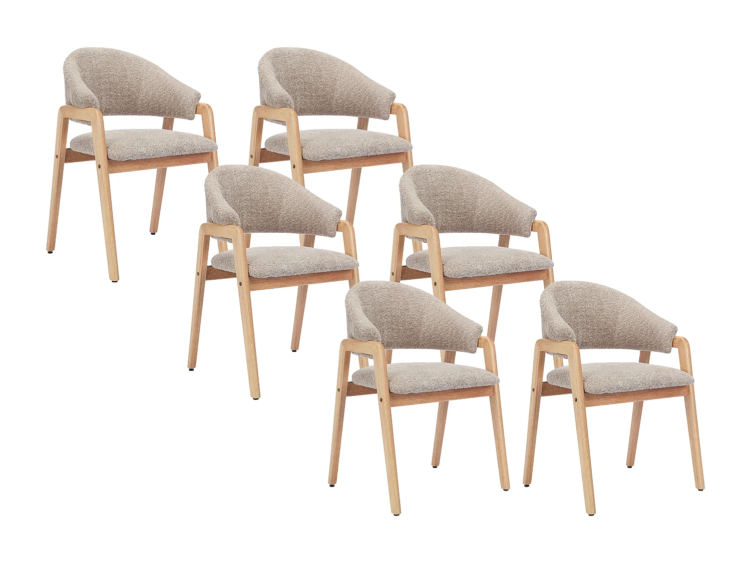 Stuhl mit Armlehnen 6er-Set - Bouclé-Stoff & Kautschukholz - Taupe & Holzfarben - SOLUNA