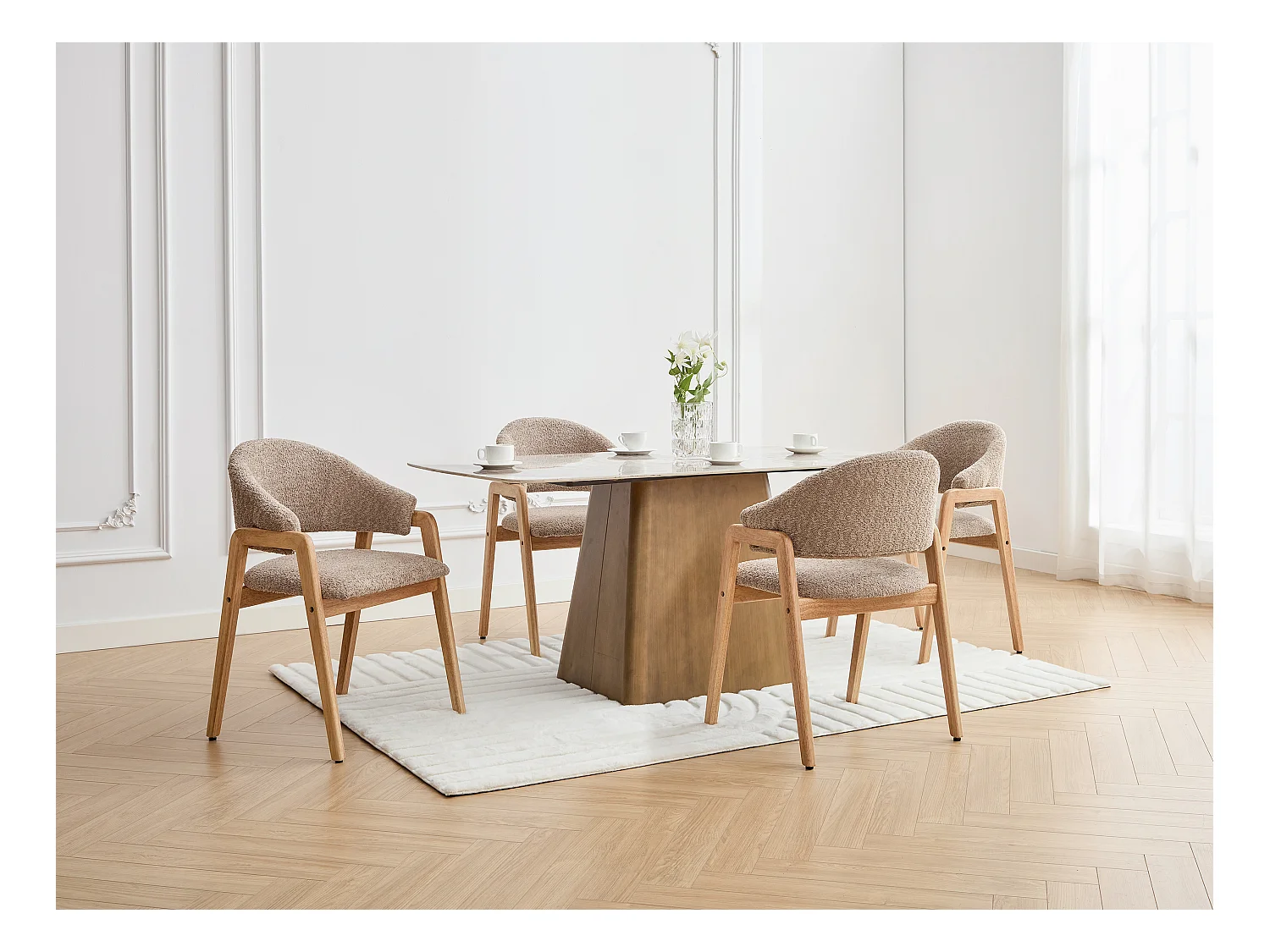 Lot de 6 chaises avec accoudoirs en tissu bouclette et bois d'hévéa - Taupe et naturel - SOLUNA