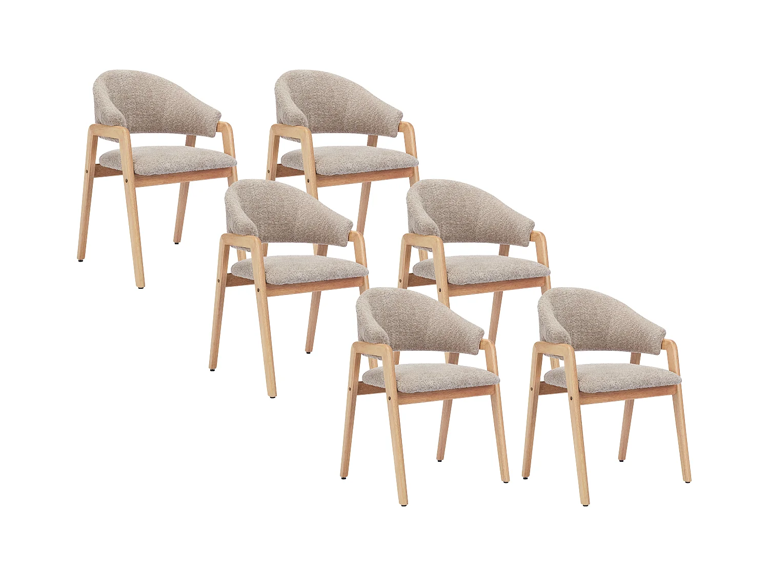 Zestaw 6 krzeseł z podłokietnikami z bukli i drewna kauczukowego - Taupe i naturalny - SOLUNA