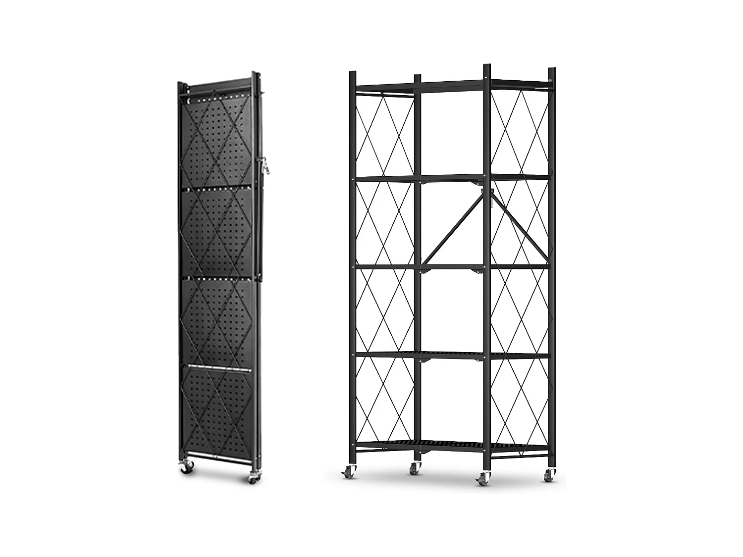 HomeMiYN Étagère de Rangement Pliable 4 à  5 Niveaux，Étagère de rangement multifonctionnel,Étagère à roulettes,71*34*159cm,Noir