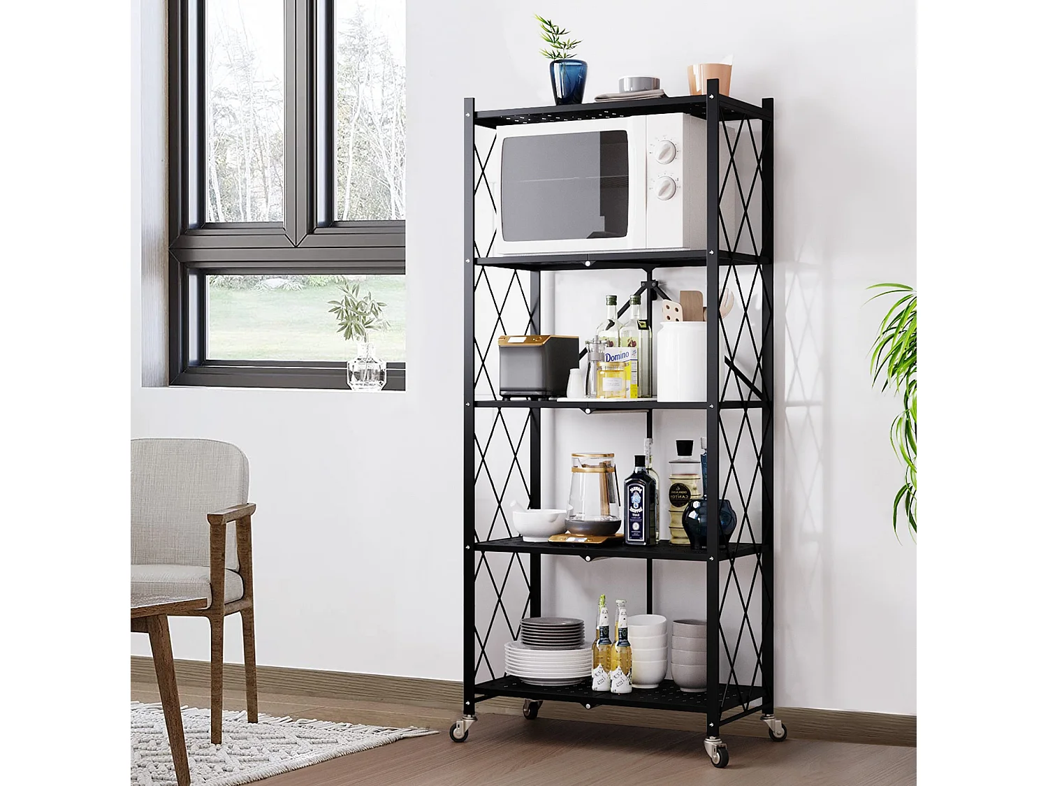 HomeMiYN Étagère de Rangement Pliable 4 à  5 Niveaux，Étagère de rangement multifonctionnel,Étagère à roulettes,71*34*159cm,Noir