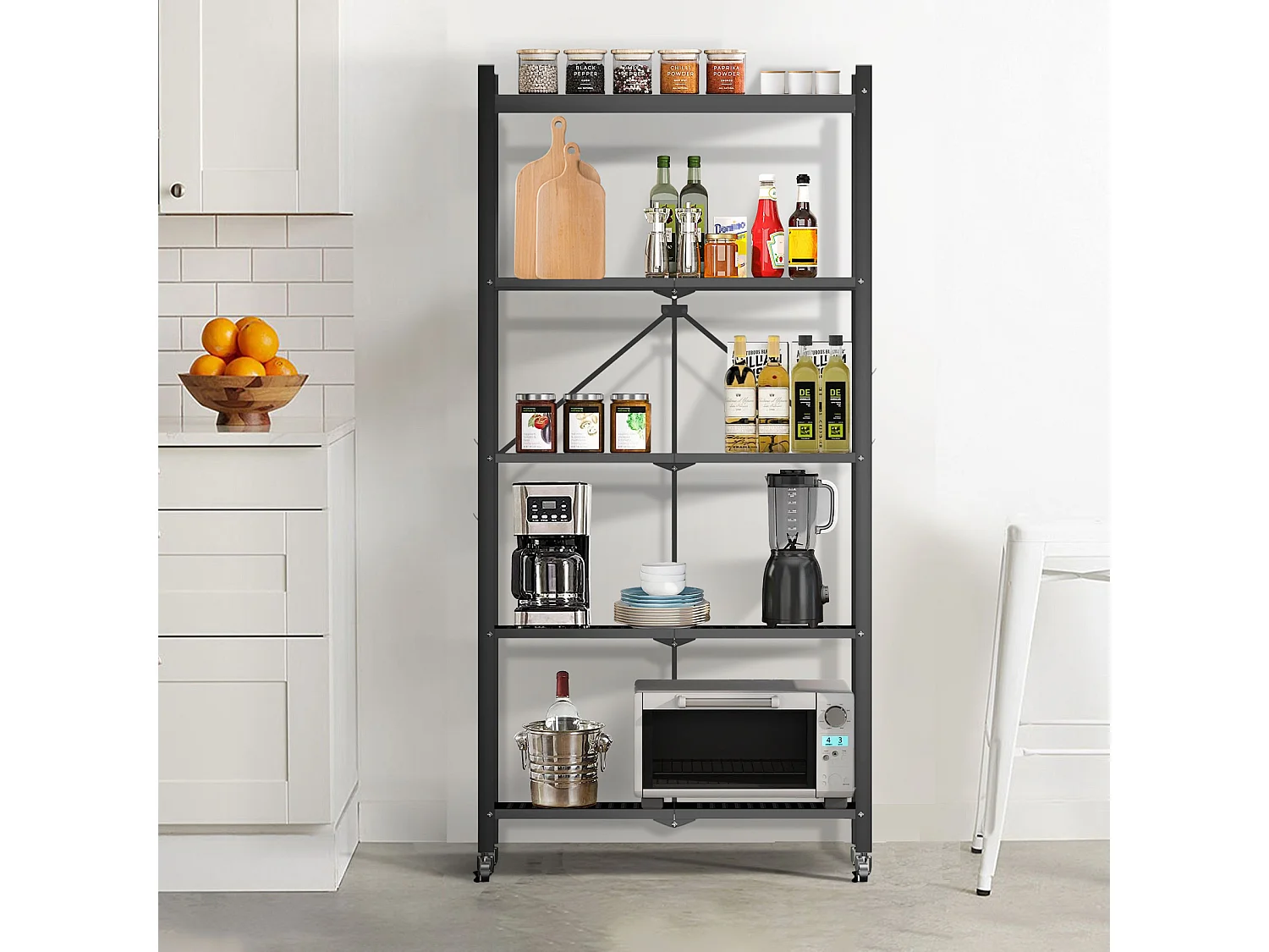 HomeMiYN Étagère de Rangement Pliable 4 à  5 Niveaux，Étagère de rangement multifonctionnel,Étagère à roulettes,71*34*159cm,Noir