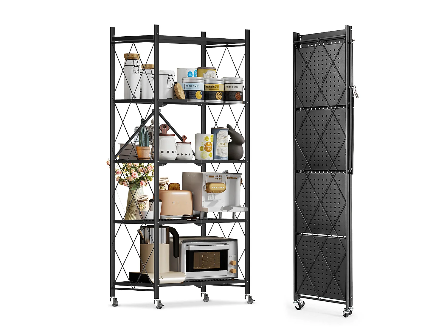 HomeMiYN Étagère de Rangement Pliable 4 à  5 Niveaux，Étagère de rangement multifonctionnel,Étagère à roulettes,71*34*159cm,Noir