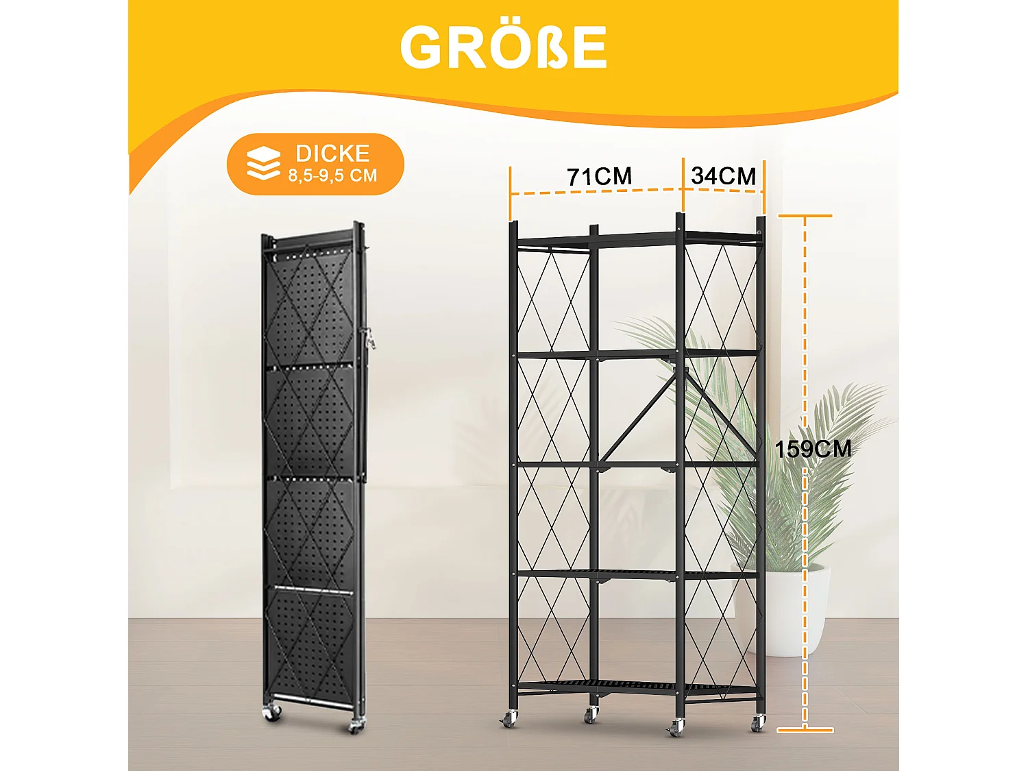 HomeMiYN Étagère de Rangement Pliable 4 à  5 Niveaux，Étagère de rangement multifonctionnel,Étagère à roulettes,71*34*159cm,Noir