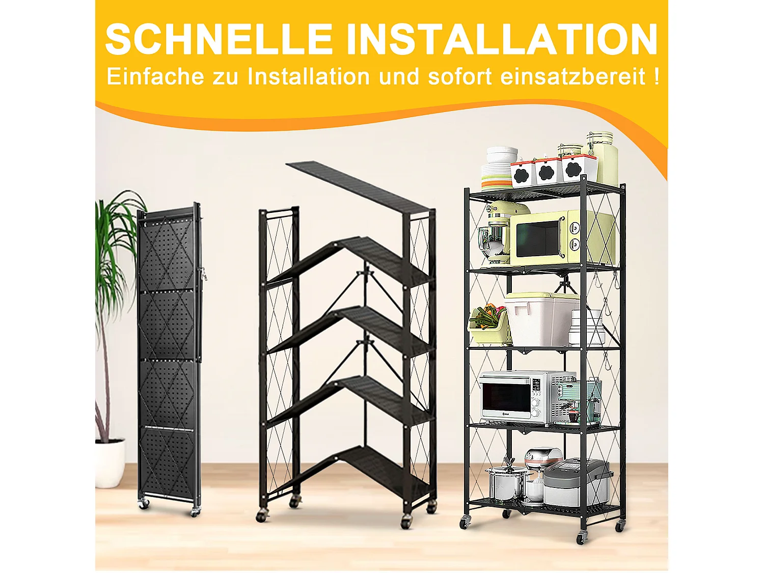 HomeMiYN Étagère de Rangement Pliable 4 à  5 Niveaux，Étagère de rangement multifonctionnel,Étagère à roulettes,71*34*159cm,Noir