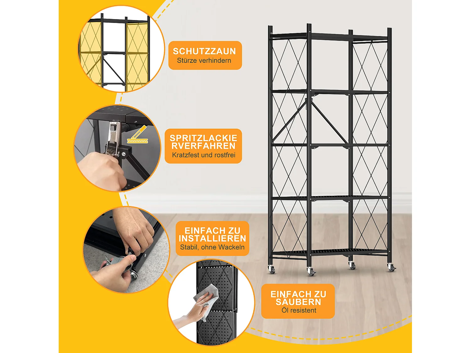 HomeMiYN Étagère de Rangement Pliable 4 à  5 Niveaux，Étagère de rangement multifonctionnel,Étagère à roulettes,71*34*159cm,Noir