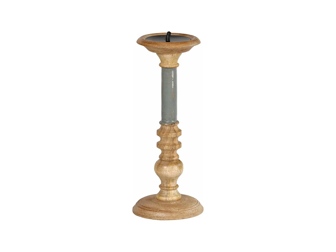 Bougeoir H. 31 cm en bois de manguier et gris laqué - LUXORIA 2899
