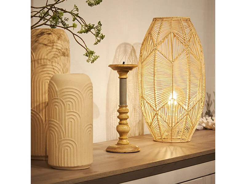 Bougeoir H. 31 cm en bois de manguier et gris laqué - LUXORIA 2899