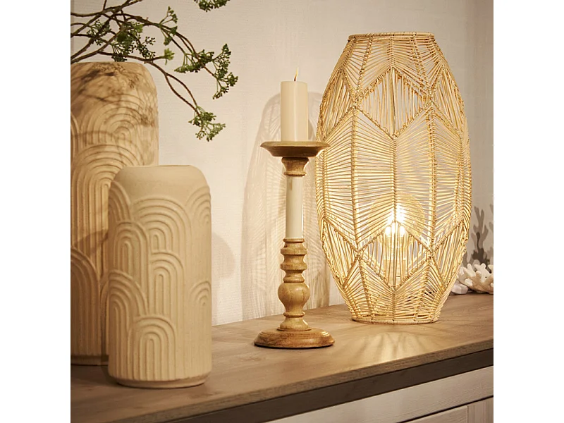 Bougeoir H. 31 cm en bois de manguier et blanc laqué - LUXORIA 2905