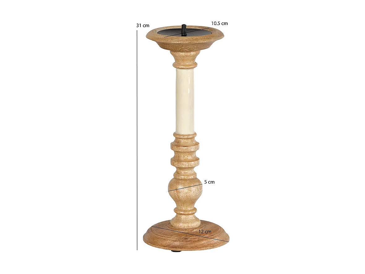 Bougeoir H. 31 cm en bois de manguier et blanc laqué - LUXORIA 2905