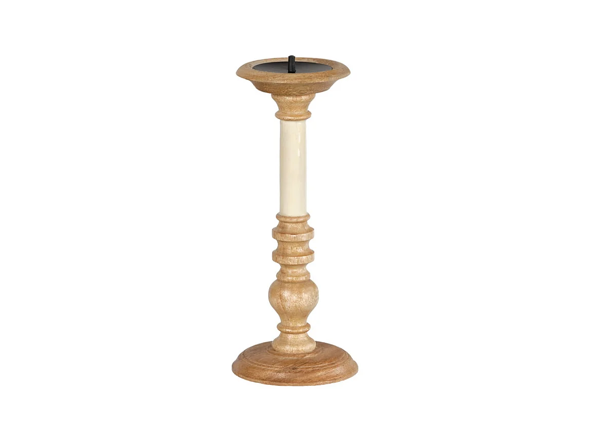 Bougeoir H. 31 cm en bois de manguier et blanc laqué - LUXORIA 2905