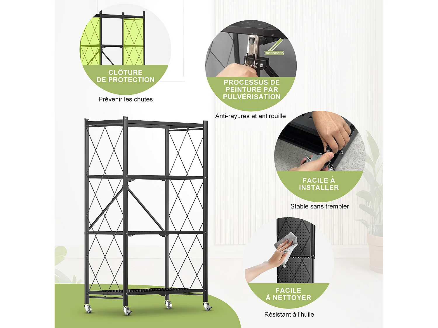 HomeMiYN Étagère de Rangement Pliable 3 à  4 Niveaux，Étagère de rangement multifonctionnel,Étagère à roulettes,71*34*121,40cm,Noir