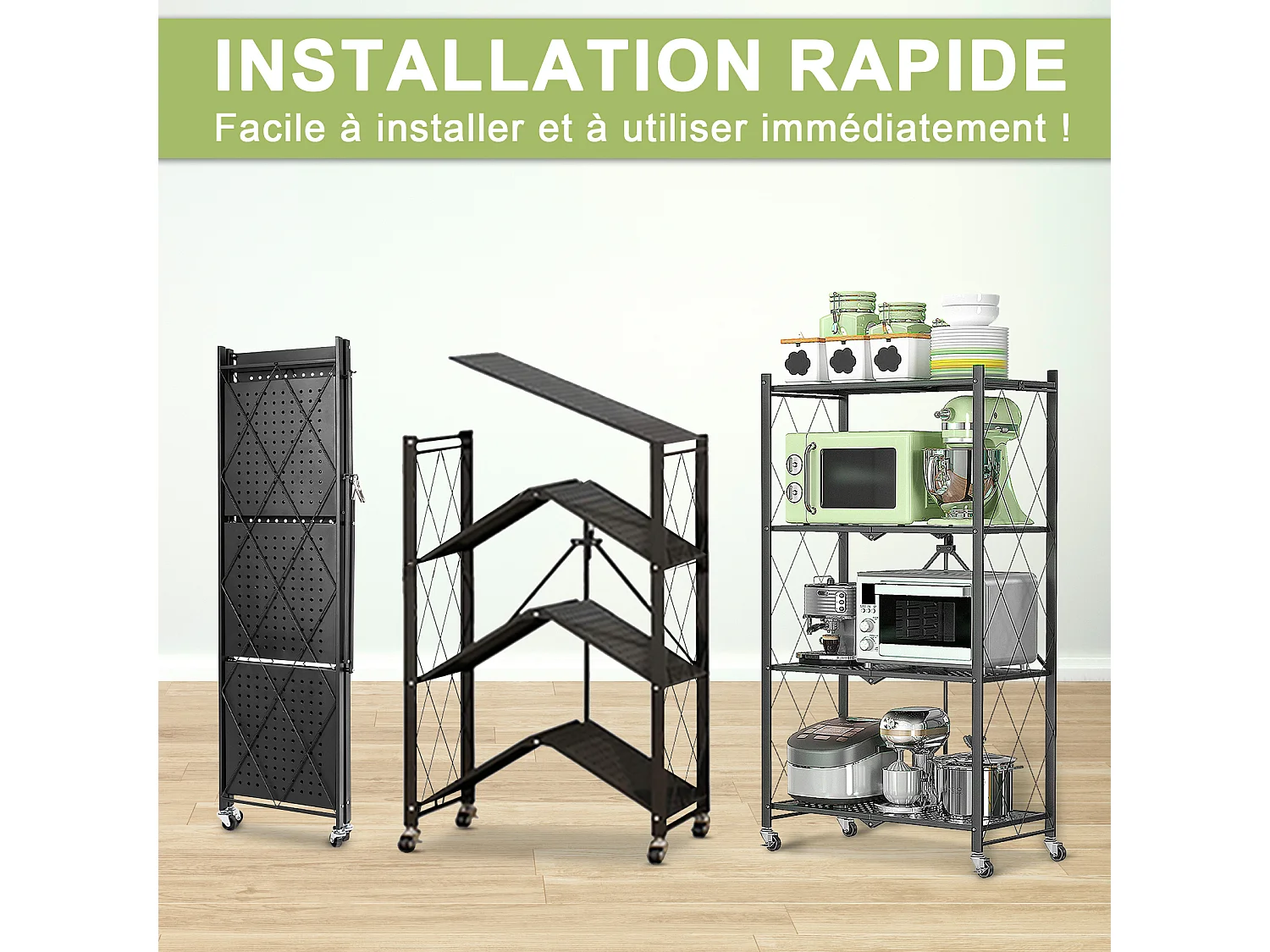 HomeMiYN Étagère de Rangement Pliable 3 à  4 Niveaux，Étagère de rangement multifonctionnel,Étagère à roulettes,71*34*121,40cm,Noir