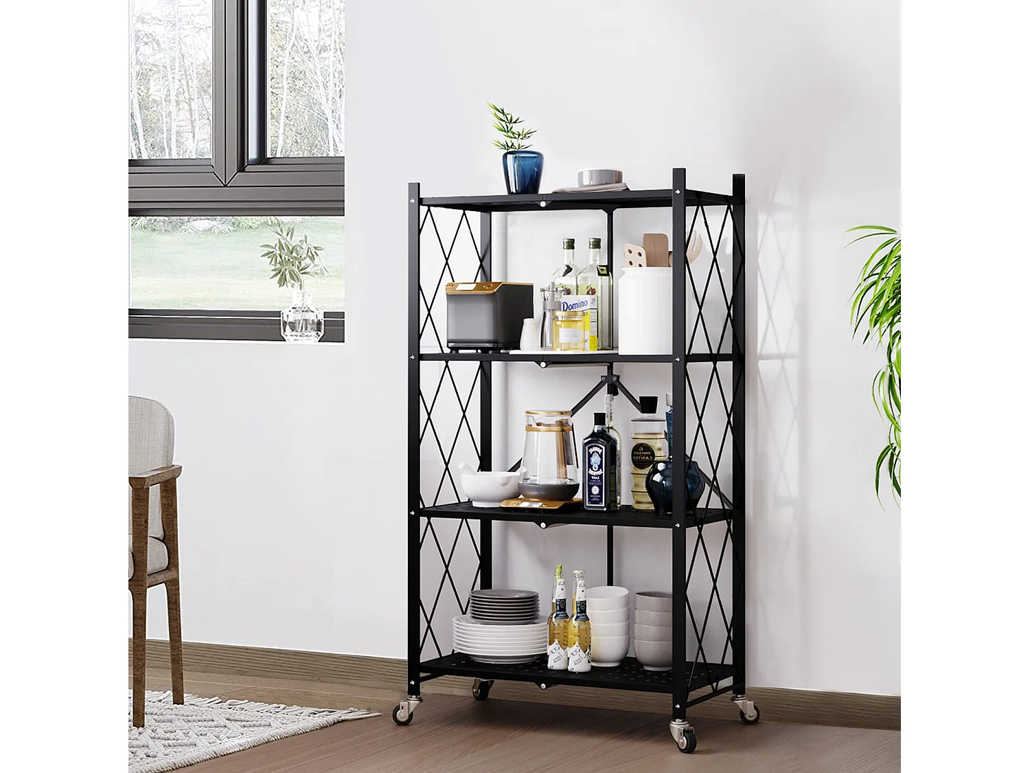 Étagère de Rangement Pliable 3 à  4 Niveaux，Étagère de rangement multifonctionnel,Étagère à roulettes,71*34*121,40cm,Noir