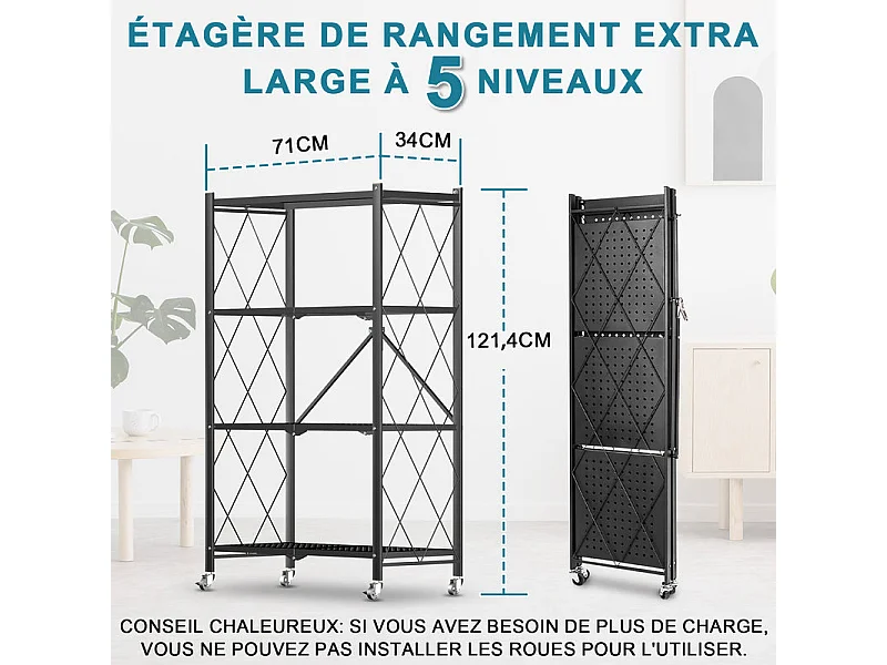 Étagère de Rangement Pliable 3 à  4 Niveaux，Étagère de rangement multifonctionnel,Étagère à roulettes,71*34*121,40cm,Noir