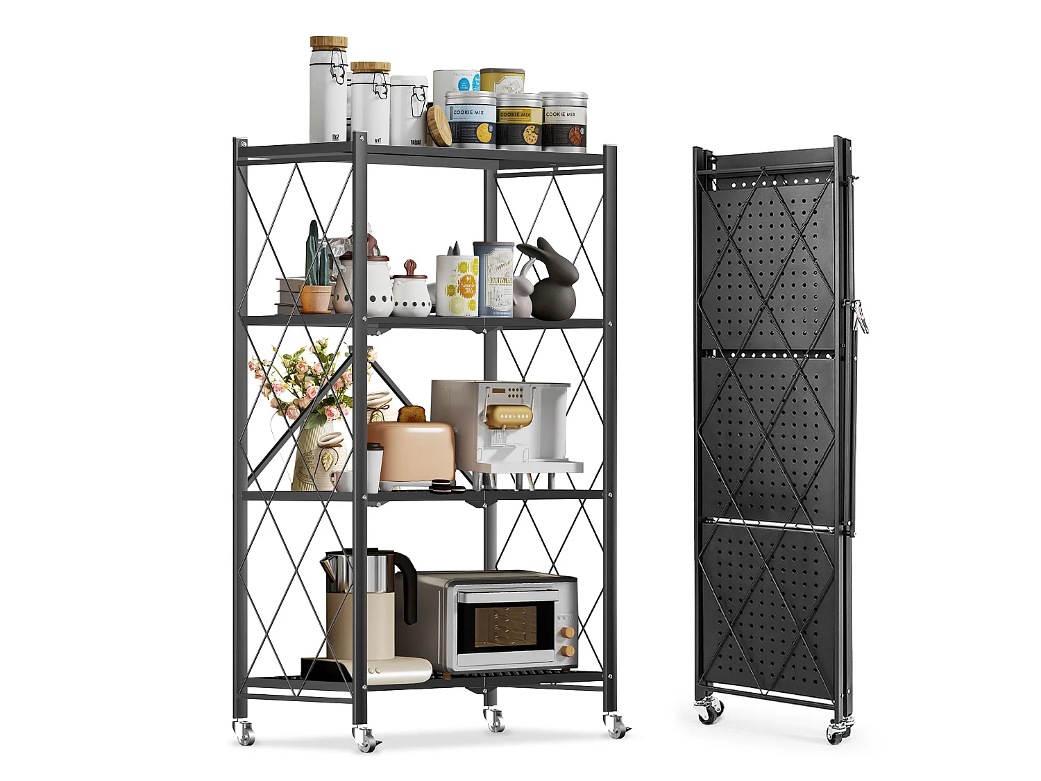Étagère de Rangement Pliable 3 à  4 Niveaux，Étagère de rangement multifonctionnel,Étagère à roulettes,71*34*121,40cm,Noir