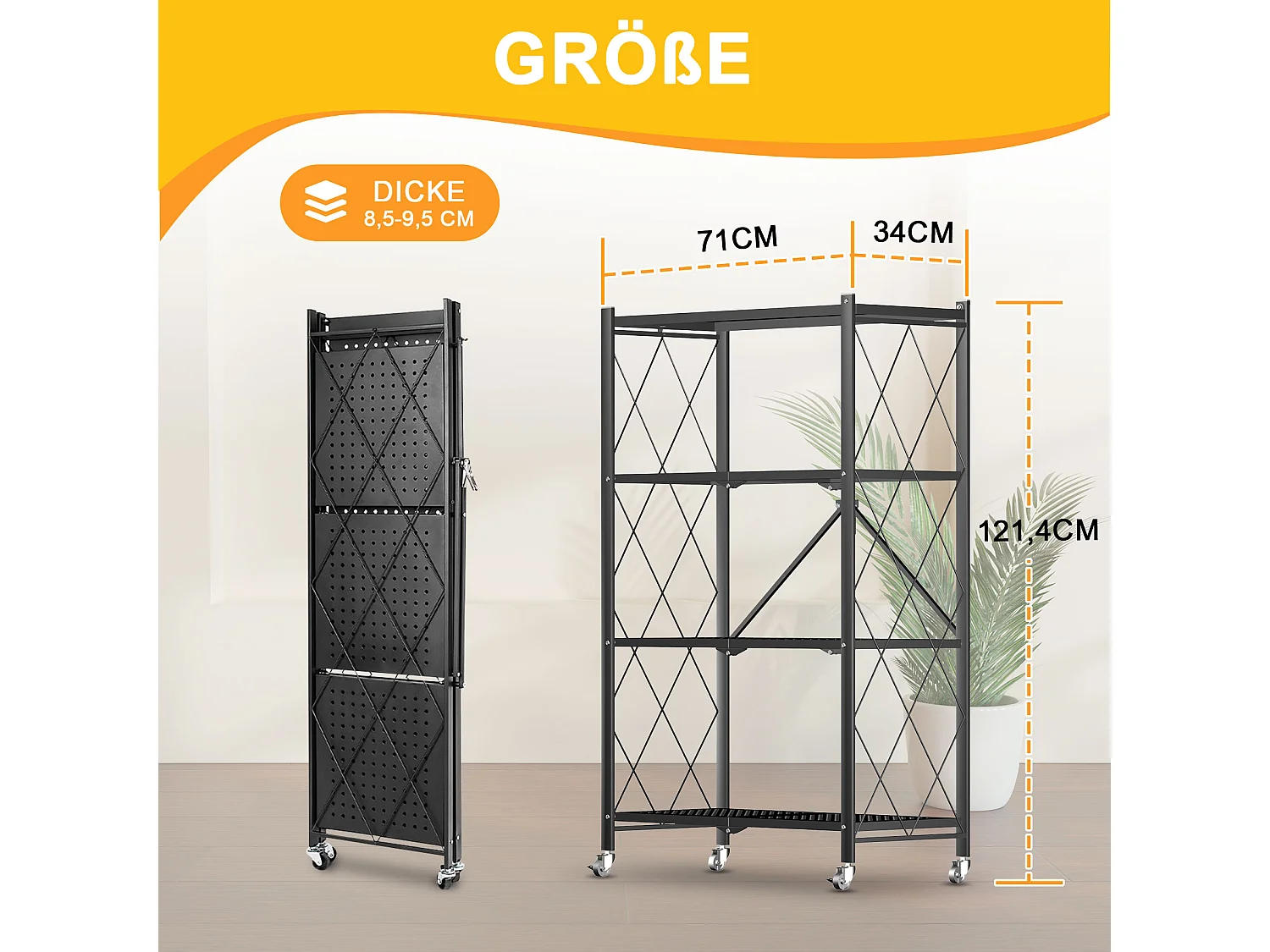 Étagère de Rangement Pliable 3 à  4 Niveaux，Étagère de rangement multifonctionnel,Étagère à roulettes,71*34*121,40cm,Noir