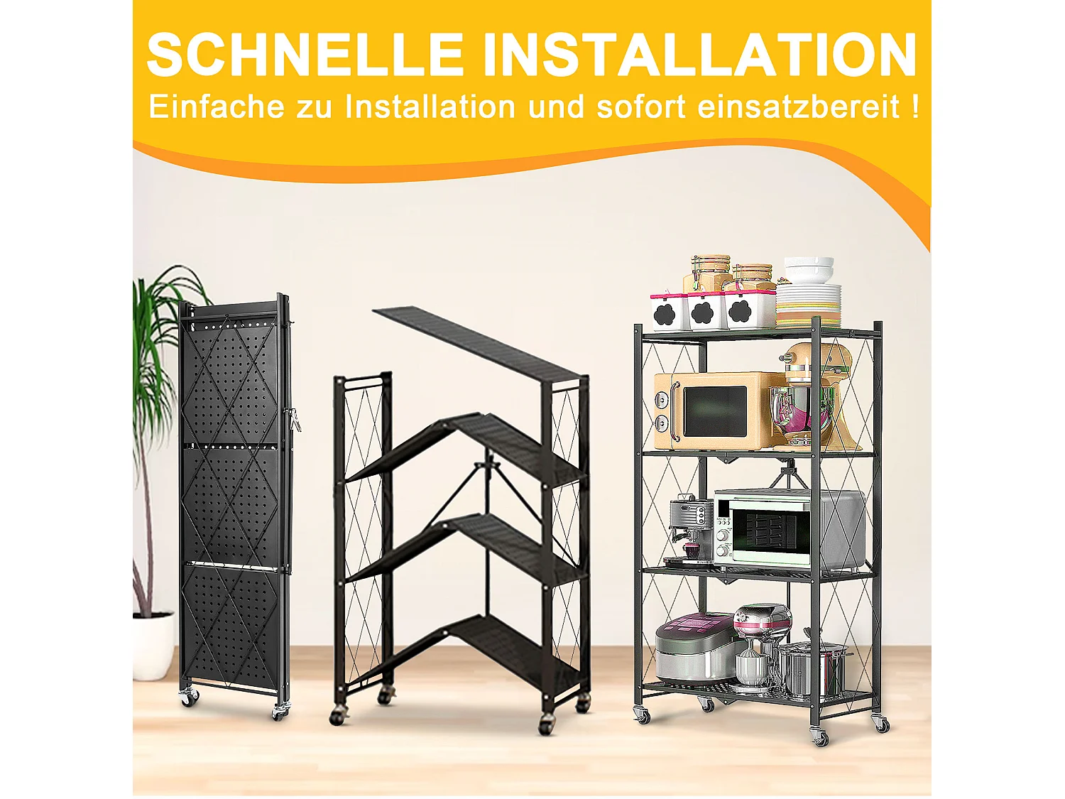 Étagère de Rangement Pliable 3 à  4 Niveaux，Étagère de rangement multifonctionnel,Étagère à roulettes,71*34*121,40cm,Noir