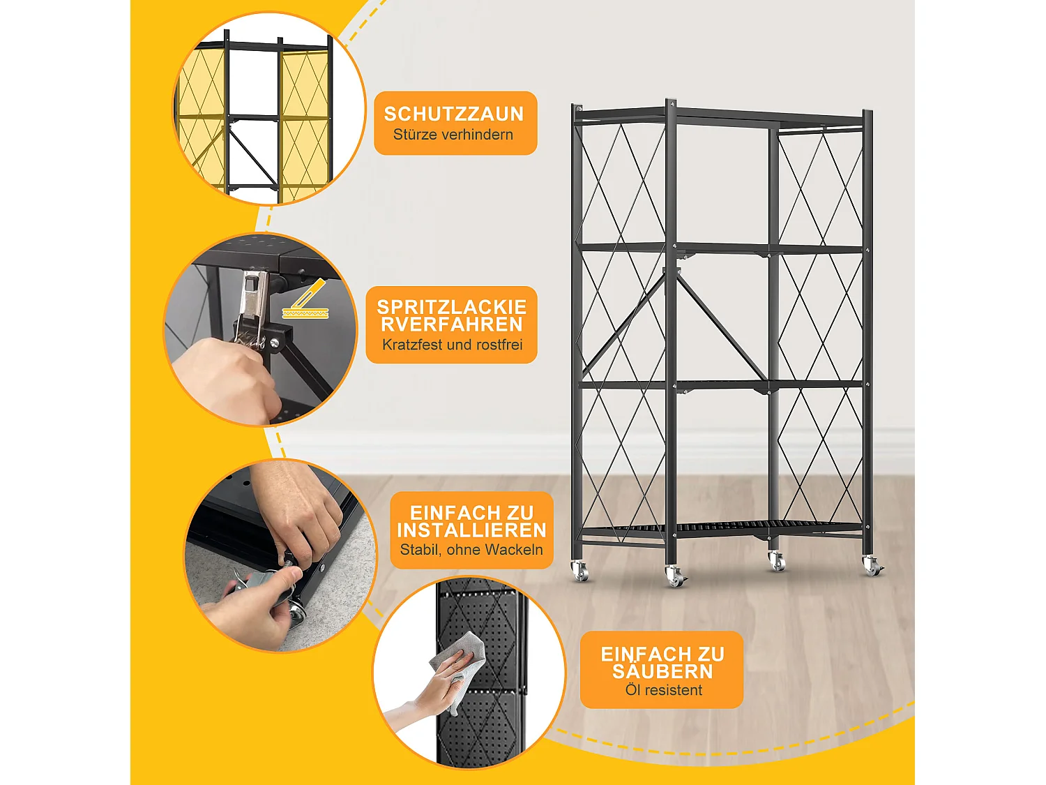 Étagère de Rangement Pliable 3 à  4 Niveaux，Étagère de rangement multifonctionnel,Étagère à roulettes,71*34*121,40cm,Noir