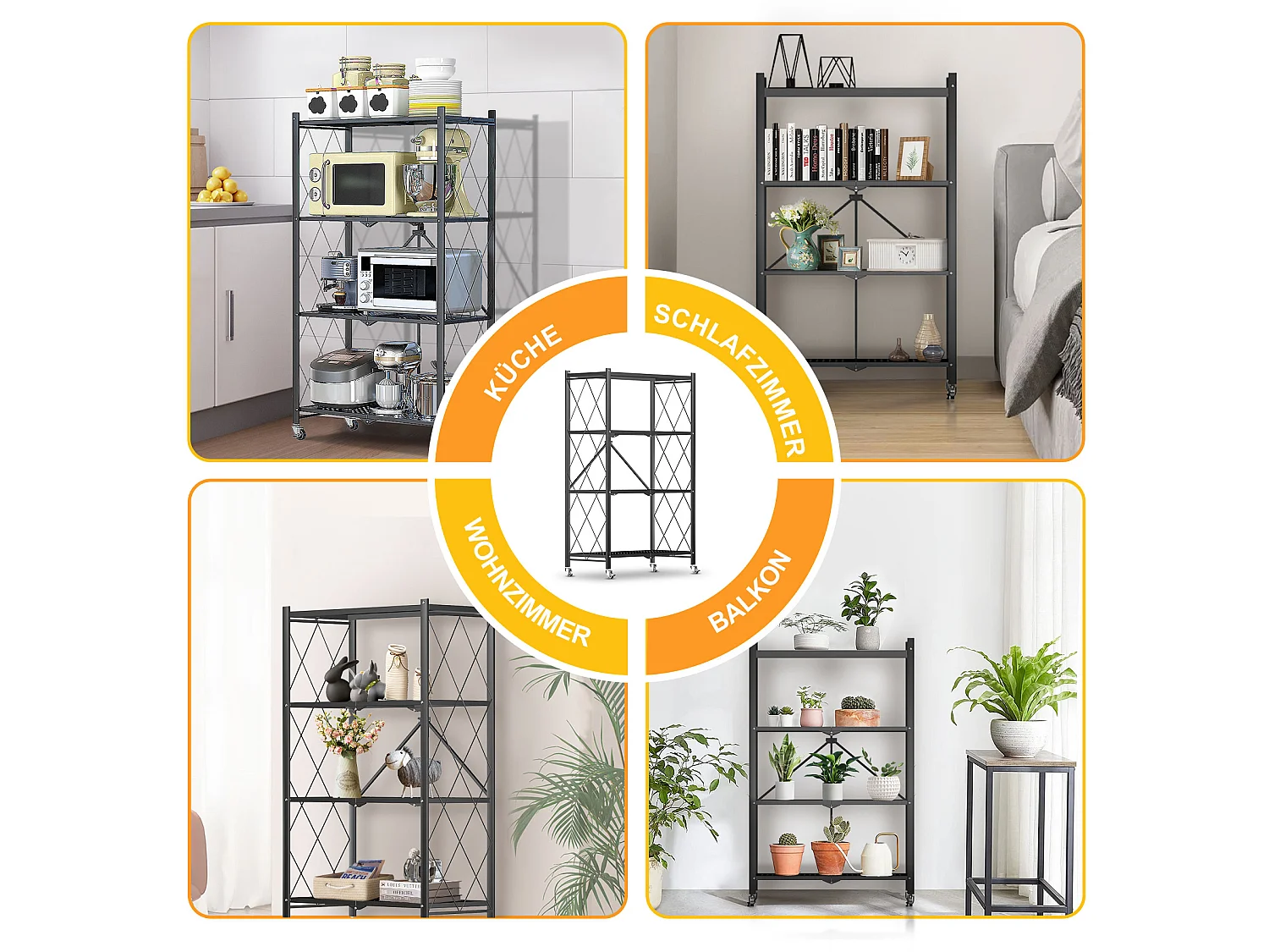 Étagère de Rangement Pliable 3 à  4 Niveaux，Étagère de rangement multifonctionnel,Étagère à roulettes,71*34*121,40cm,Noir