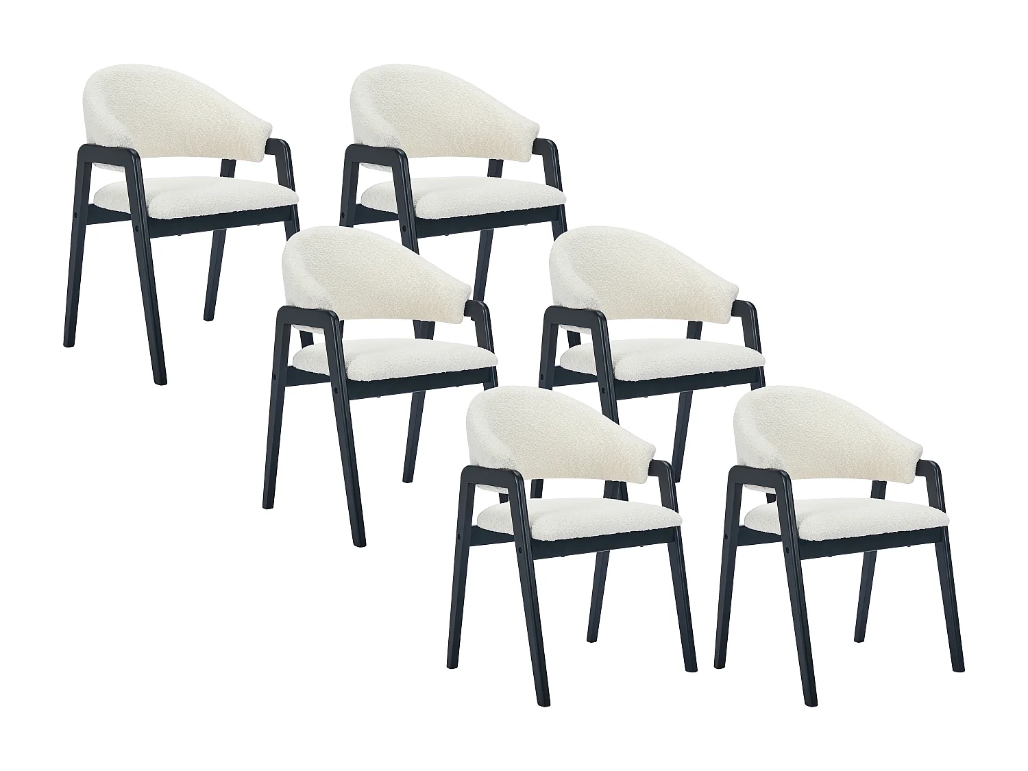 Conjunto de 6 cadeiras com apoios de braço em tecido bouclé e madeira de hévea branco e preto - SOLUNA