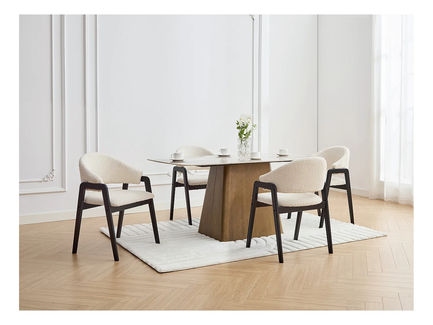 Lot de 6 chaises avec accoudoirs en tissu bouclette et bois d'hévéa - Blanc et Noir - SOLUNA