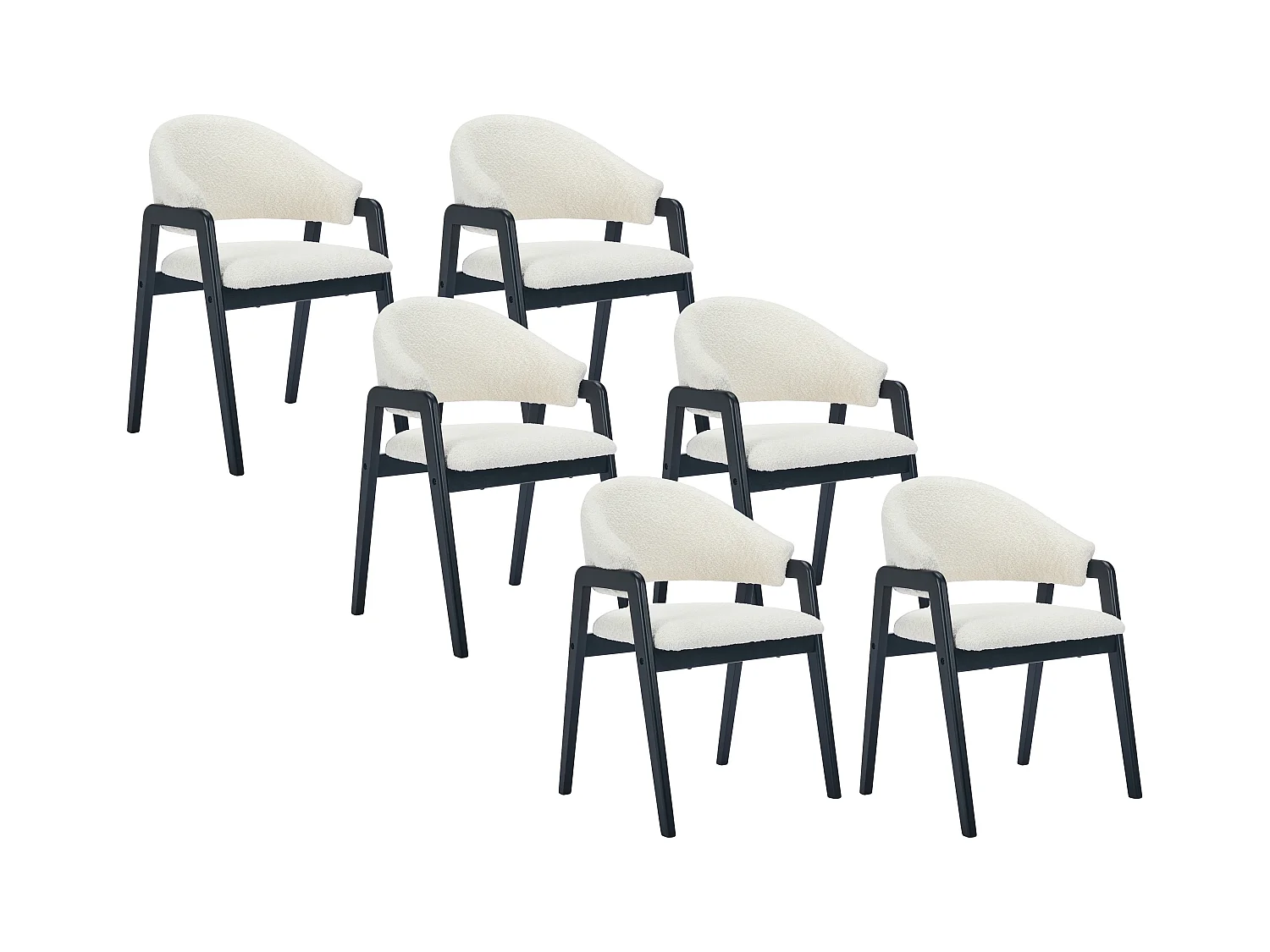 Stuhl mit Armlehnen 6er-Set - Bouclé-Stoff & Kautschukholz - Weiß & Schwarz - SOLUNA