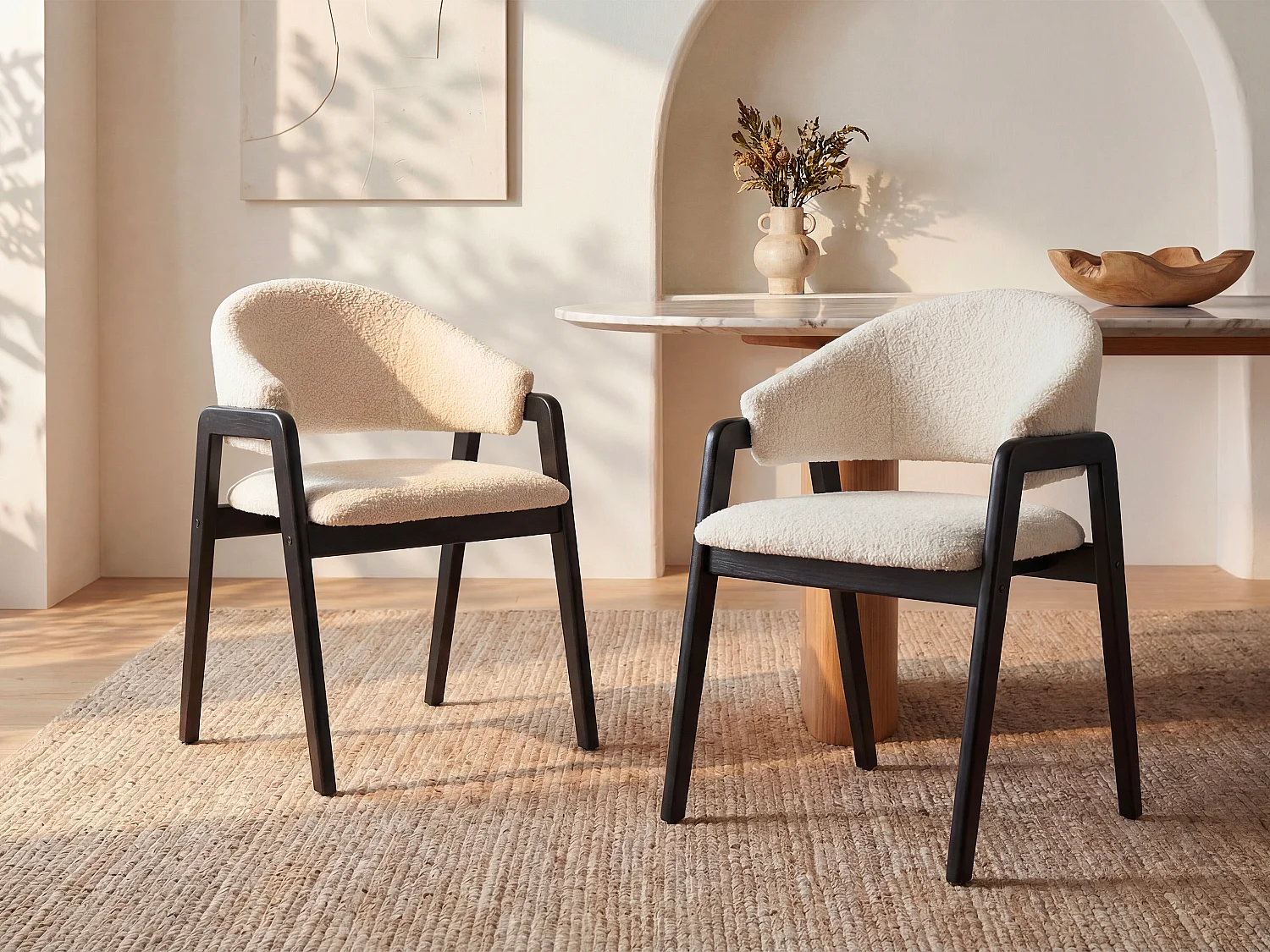 Sedia con braccioli in Tessuto bouclette e Legno di hevea Bianco e Nero  - Lotto di 6 - SOLUNA