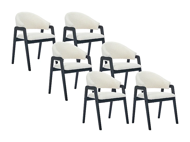 Lot de 6 chaises avec accoudoirs en tissu bouclette et bois d'hévéa - Blanc et Noir - SOLUNA