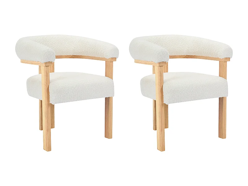 Lot de 2 chaises avec accoudoirs en tissu bouclette et bois d'hévéa naturel - Blanc - LIVELIA de Pascal MORABITO