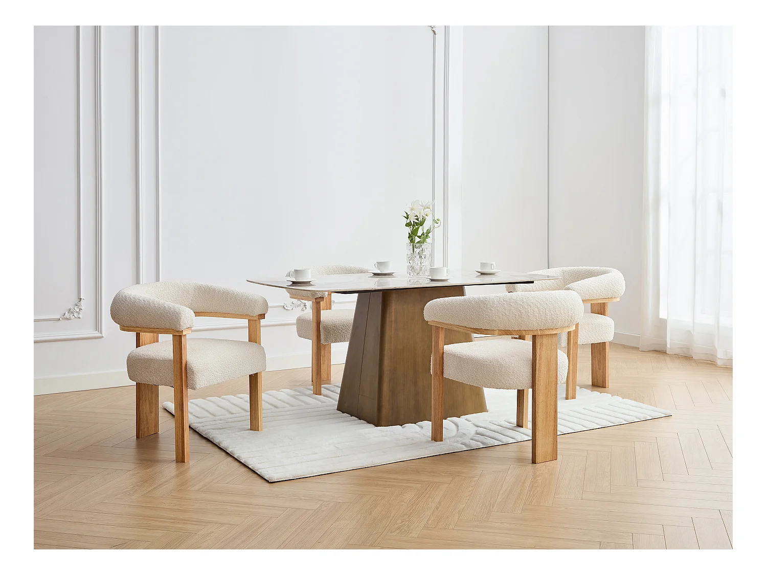 Stuhl mit Armlehnen 2er-Set - Bouclé-Stoff & Kautschukholz - Weiß & Holzfarben - LIVELIA von Pascal MORABITO