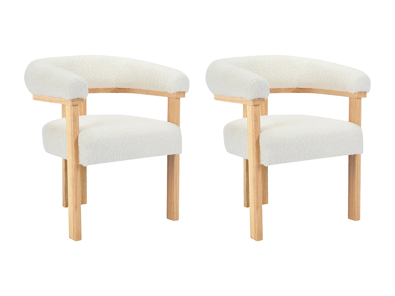 Lot de 2 chaises avec accoudoirs en tissu bouclette et bois d'hévéa naturel - Blanc - LIVELIA de Pascal MORABITO