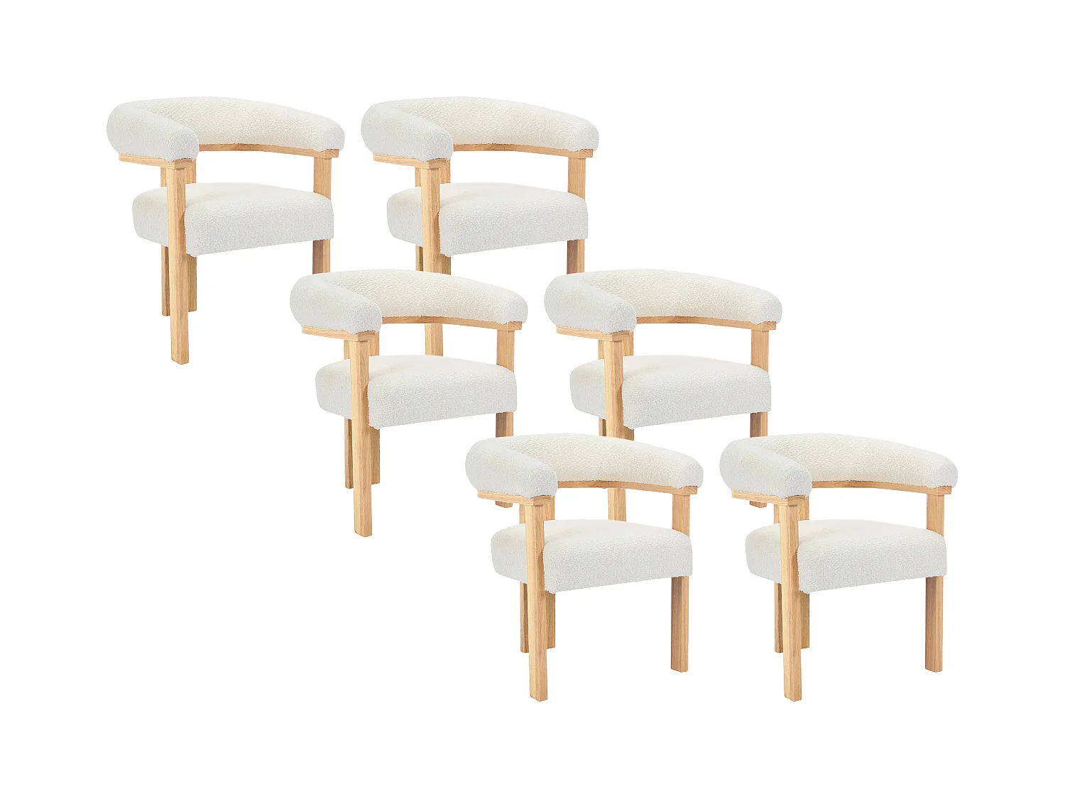Lot de 6 chaises avec accoudoirs en tissu bouclette et bois d'hévéa naturel - Blanc - LIVELIA de Pascal MORABITO