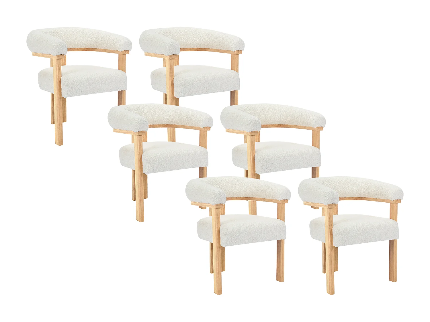 Stuhl mit Armlehnen 6er-Set - Bouclé-Stoff & Kautschukholz - Weiß & Holzfarben - LIVELIA von Pascal MORABITO