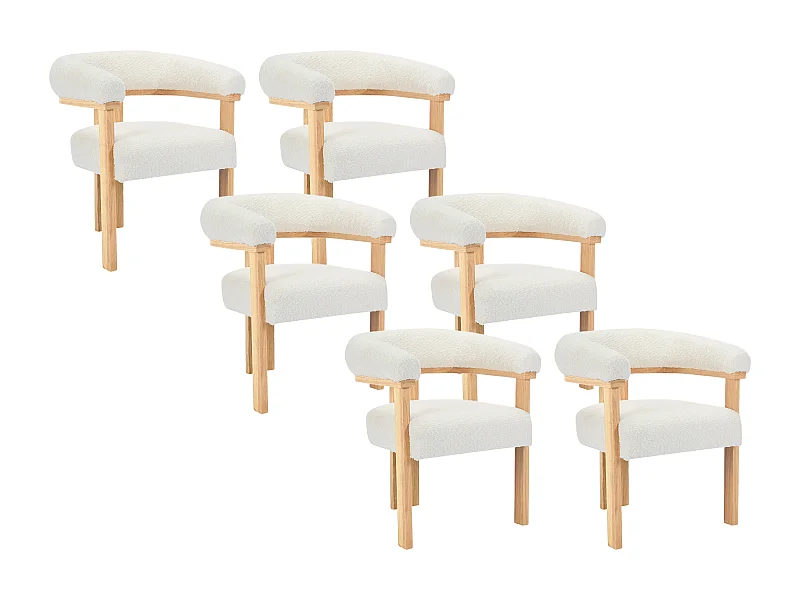 Stuhl mit Armlehnen 6er-Set - Bouclé-Stoff & Kautschukholz - Weiß & Holzfarben - LIVELIA von Pascal MORABITO