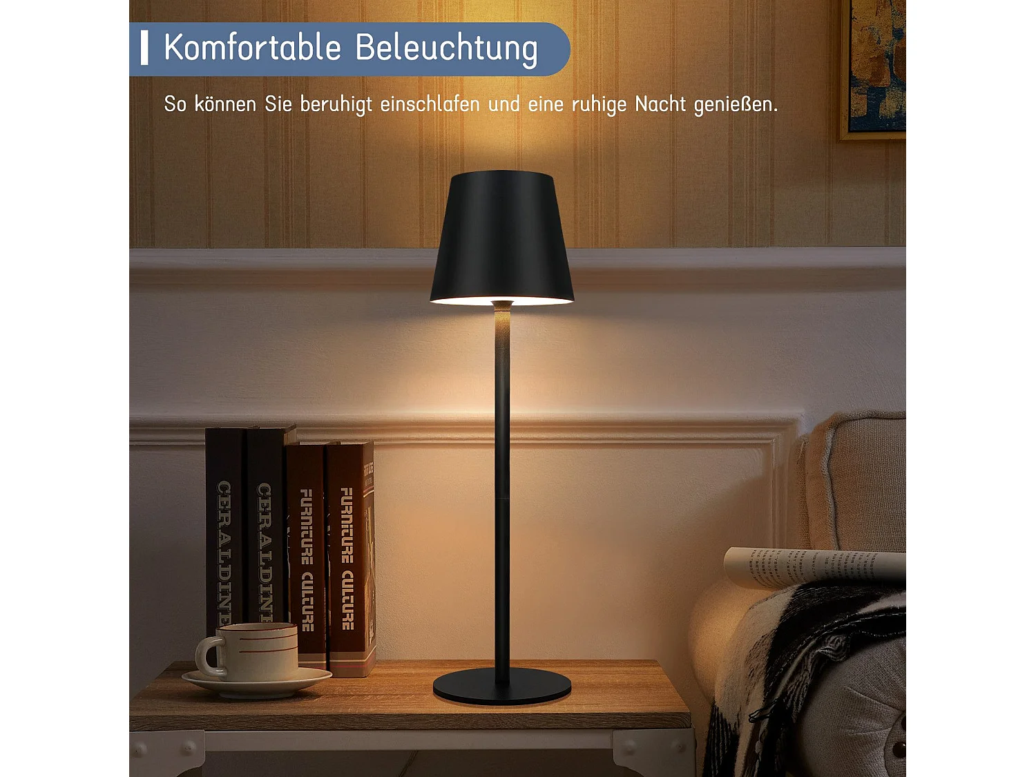 NETTLIFE Lampe de Chevet à Batterie sans Fil， Lot de 2 - LED 2600mhA Lampe de Table d'extérieur  Rechargeable Tactile Lampe à Batterie Noire USB