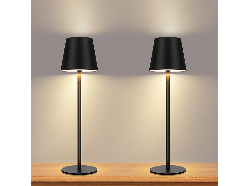NETTLIFE Lampe de Chevet à Batterie sans Fil， Lot de 2 - LED 2600mhA Lampe de Table d'extérieur  Rechargeable Tactile Lampe à Batterie Noire USB