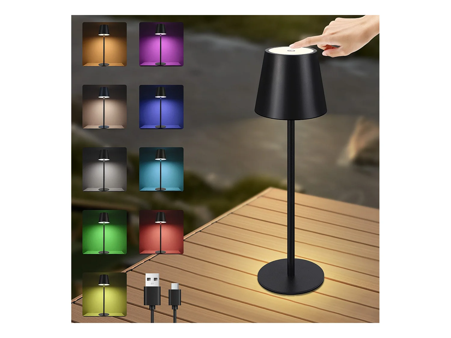 Nettlife Lampe de chevet sans fil, LED RGB 2600mAh, lampe de table extérieur rechargeable, tactile, dimmable, noire, TYPE-C/USB