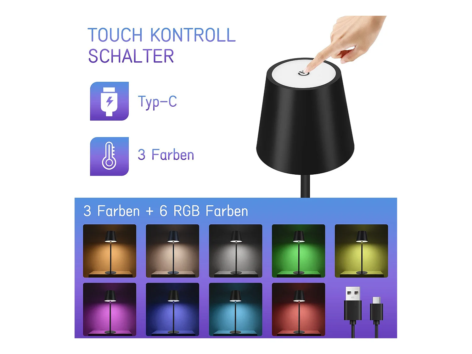Nettlife Lampe de chevet sans fil, LED RGB 2600mAh, lampe de table extérieur rechargeable, tactile, dimmable, noire, TYPE-C/USB