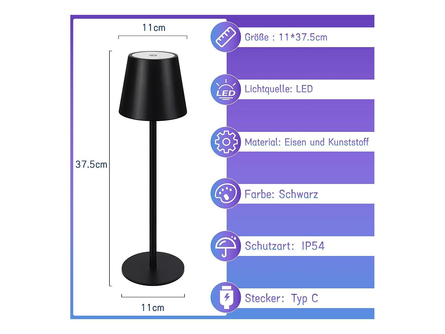 Nettlife Lampe de chevet sans fil, LED RGB 2600mAh, lampe de table extérieur rechargeable, tactile, dimmable, noire, TYPE-C/USB