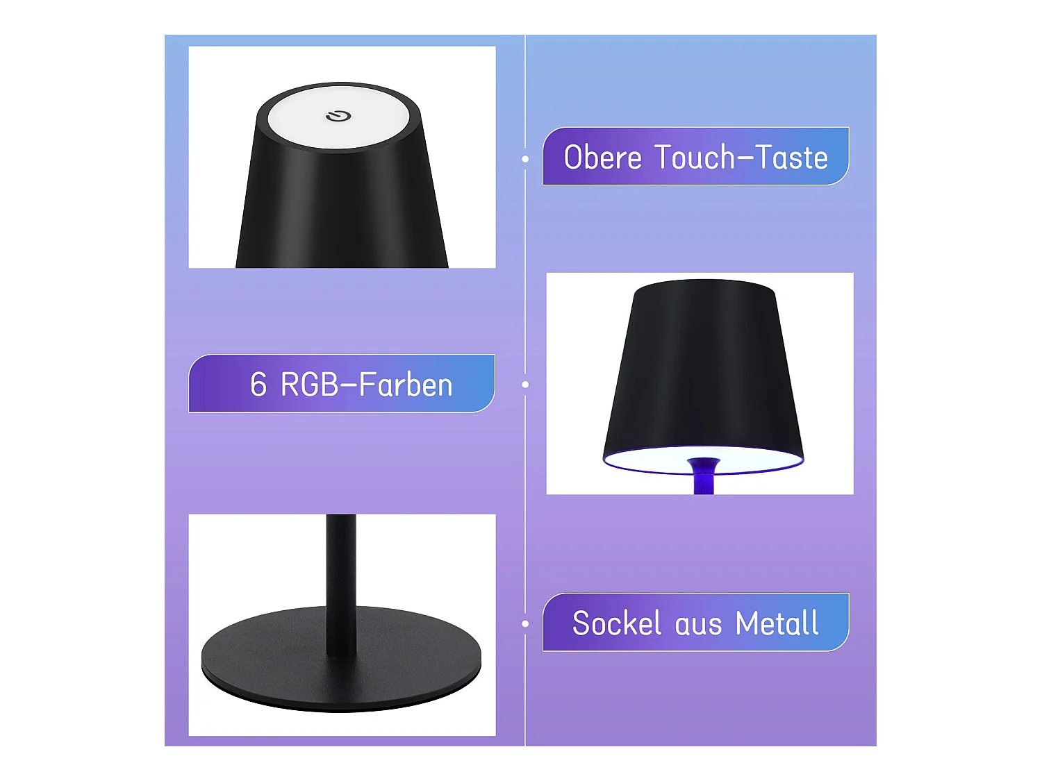 Nettlife Lampe de chevet sans fil, LED RGB 2600mAh, lampe de table extérieur rechargeable, tactile, dimmable, noire, TYPE-C/USB