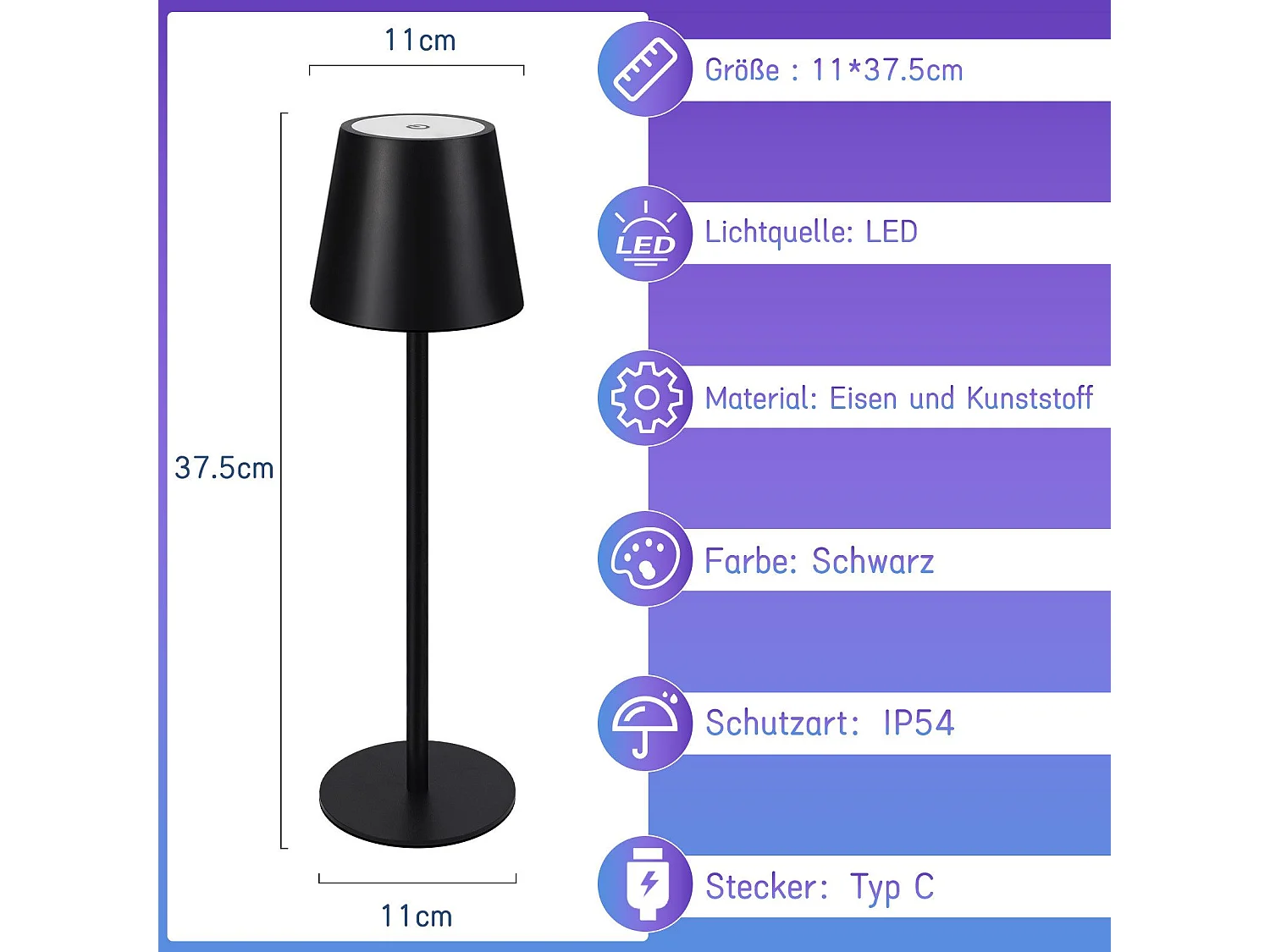 Nettlife Lampe de chevet sans fil, LED RGB 2600mAh, lampe de table extérieur rechargeable, tactile, dimmable, noire, TYPE-C/USB