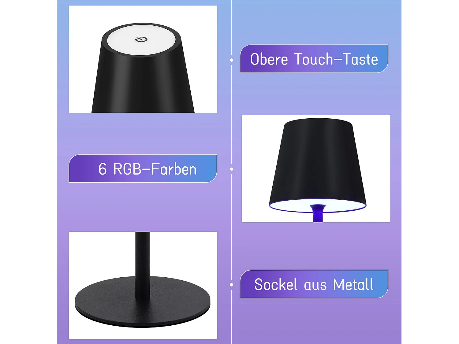 NETTLIFE Nachtkastlamp zonder draad, LED RGB 2600mAh, buiten opblaasbare tafellamp, aanraakbediend, dimbaar, zwart, TYPE - C/USB.