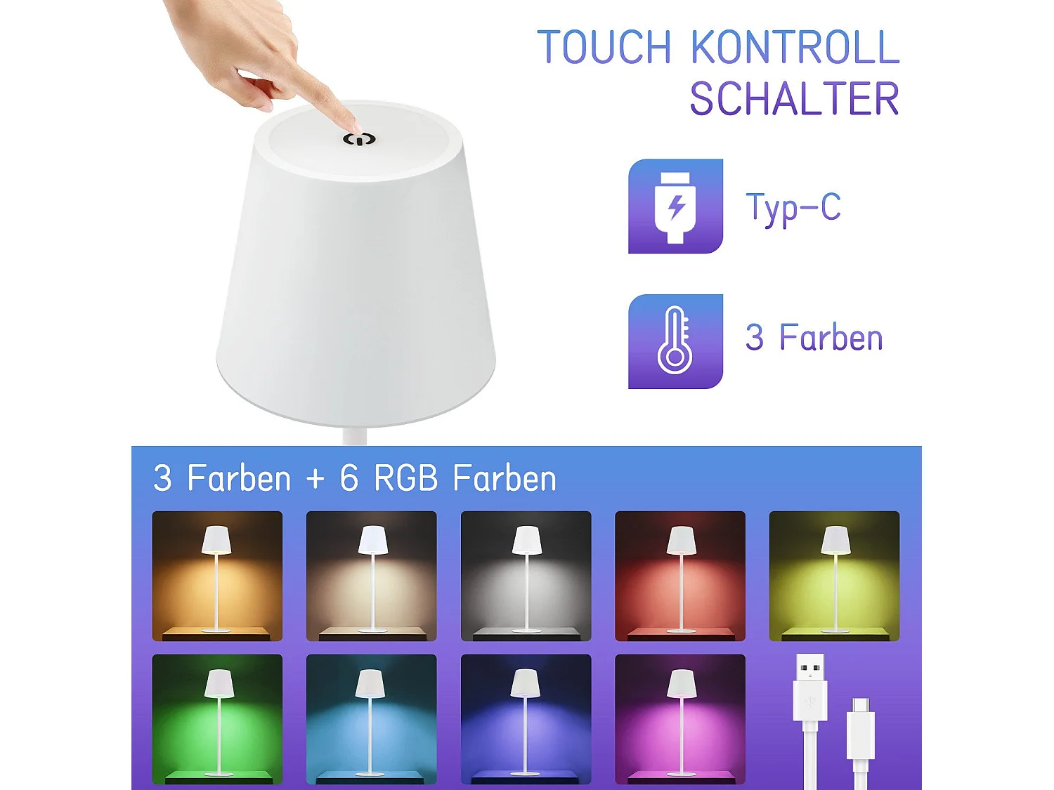 2er Set RGB LED Draht Tischleuchten Dimmbar IP54 USB