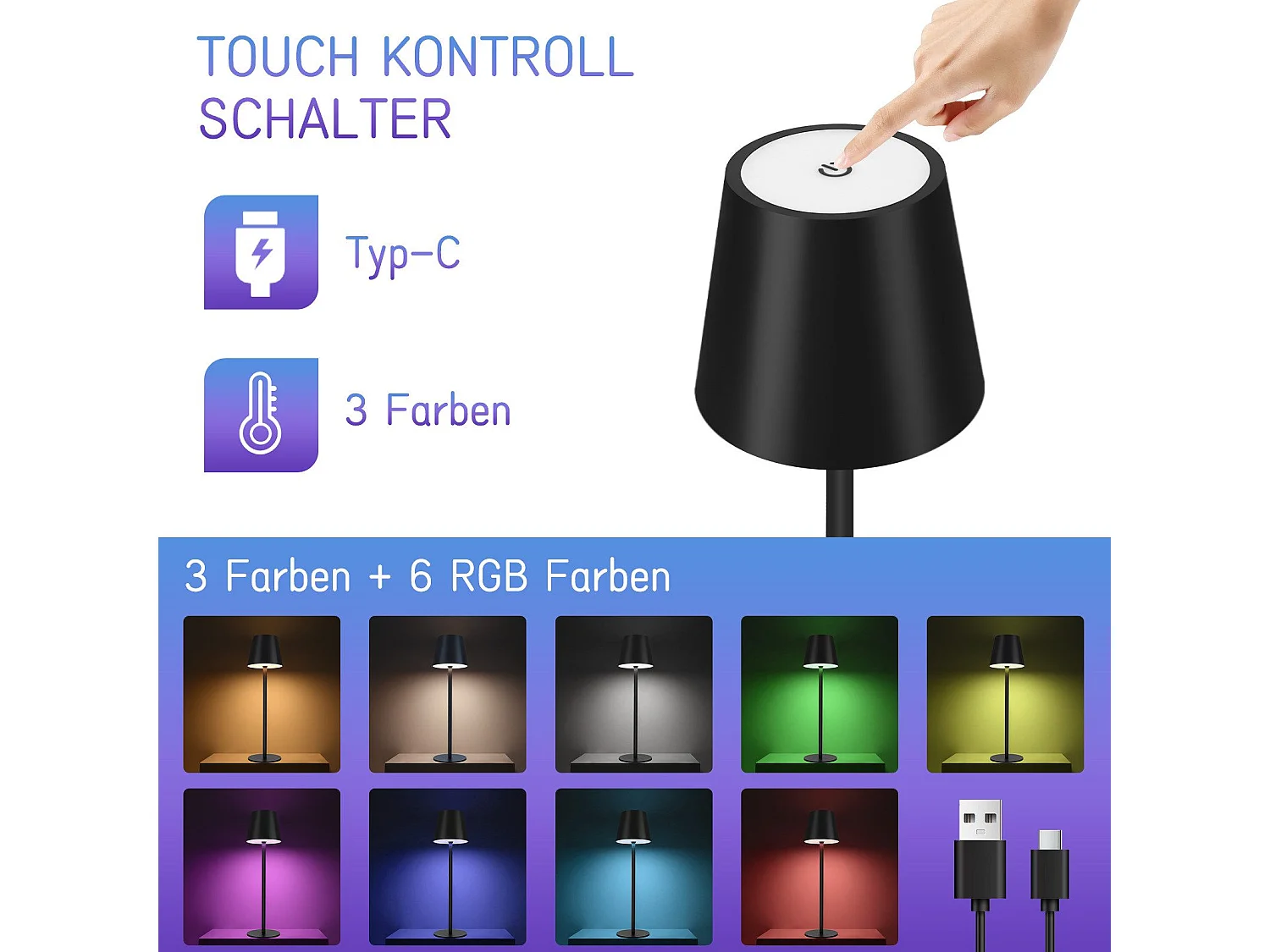 NETTLIFE Lampe de Chevet à Batterie sans Fil， Lot de 2 - LED RGB 2600mhA  Lampe de Table d'extérieur Rechargeable Tactile Dimmable Noir USB