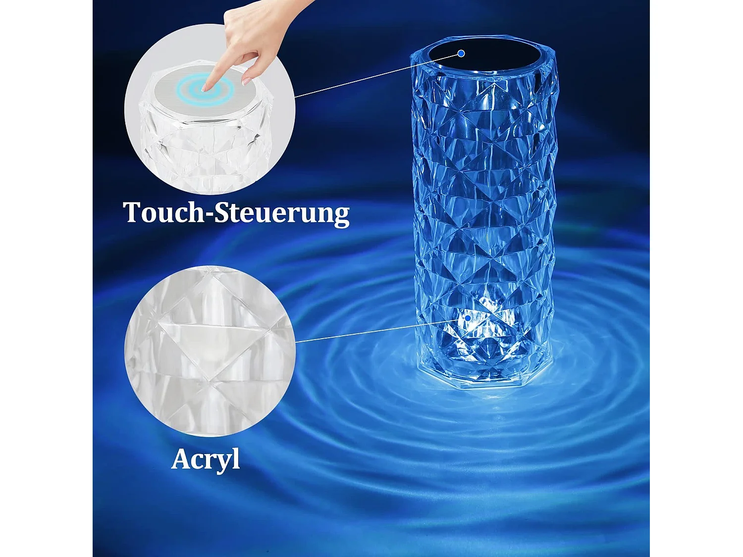 NETTLIFE Kabellose LED-Tischlampe fürs Bett – dimmbare Tischlampe mit Touch-Funktion aus Kristall, wiederaufladbare RGB-Lampe