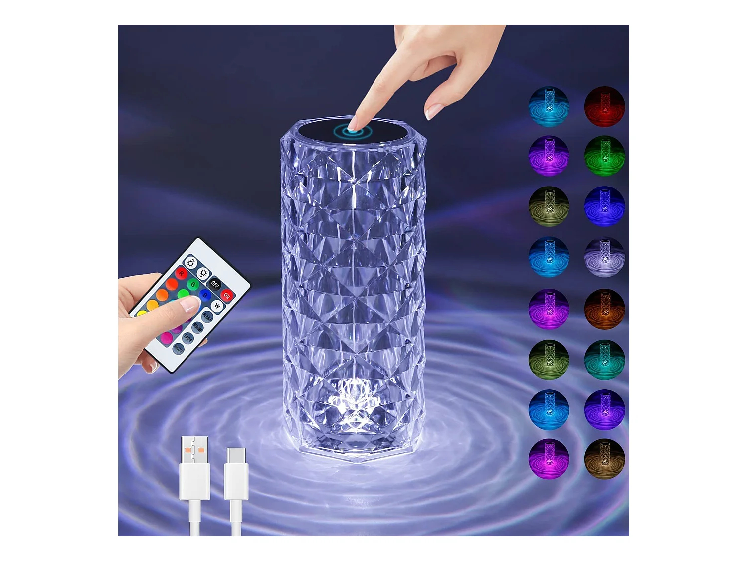 NETTLIFE Tafellamp LED - RGB - 16 kleuren - draadloos - Touch Dimbaar - Kristal oplaadbare USB - met afstandsbediening - modern - voor Slaapkamer | Café | Woonkamer
