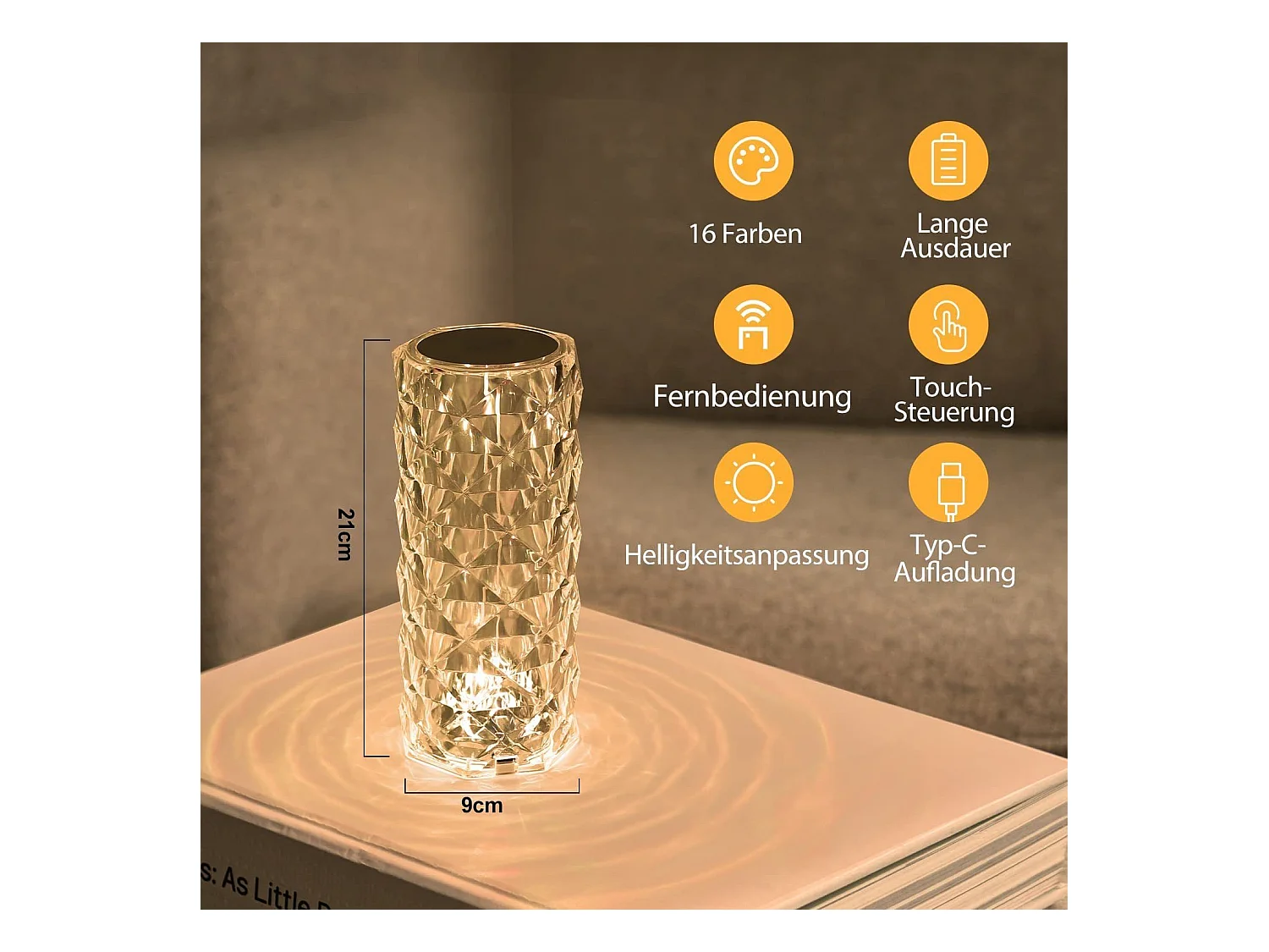 NETTLIFE Lampe de table LED de chevet sans fil - Cristal Variable Lampe de table Touch Rechargeable RGB Lamp Chambre RVB Télécommande 16 couleurs