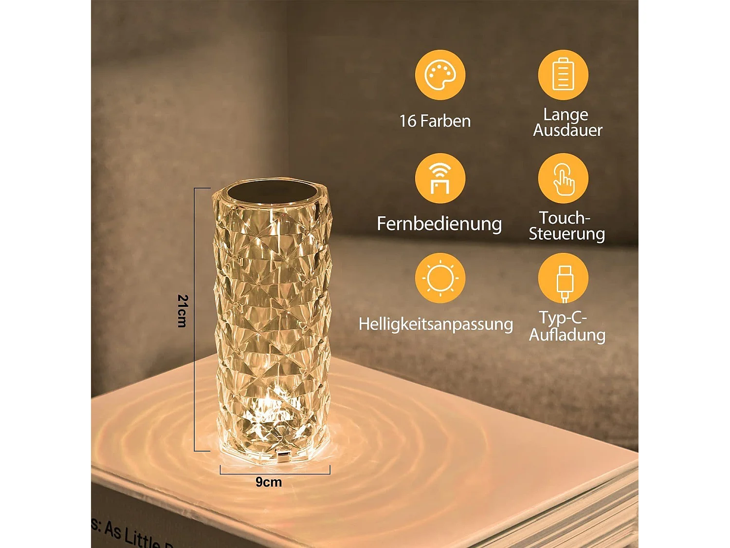 NETTLIFE Kabellose LED-Tischlampe fürs Bett – dimmbare Tischlampe mit Touch-Funktion aus Kristall, wiederaufladbare RGB-Lampe