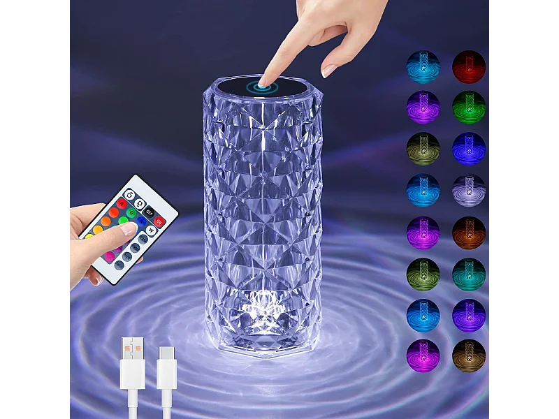 NETTLIFE Kabellose LED-Tischlampe fürs Bett – dimmbare Tischlampe mit Touch-Funktion aus Kristall, wiederaufladbare RGB-Lampe